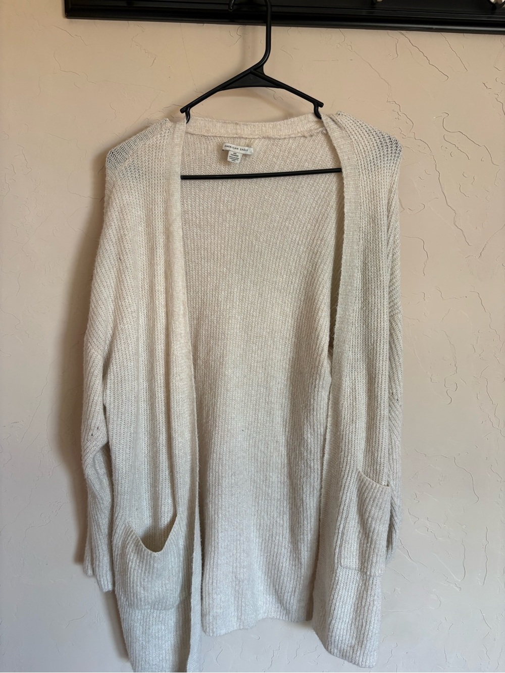 American Eagle Open-Front Cream Ribbed Cardigan Sweater